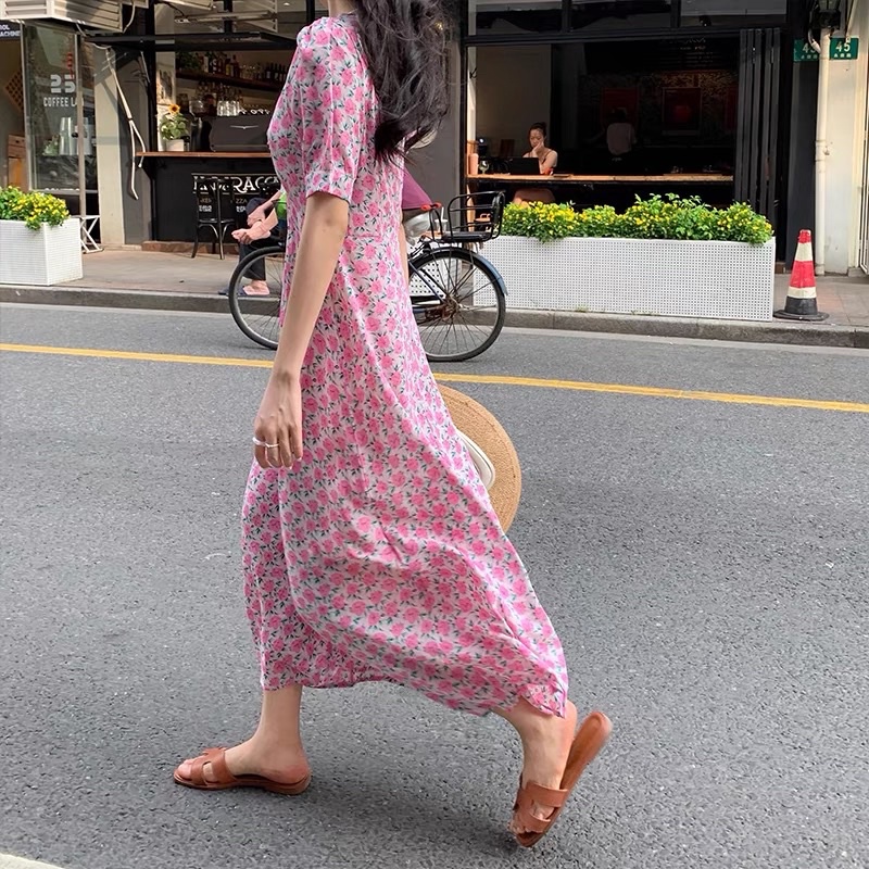 Váy phụ nữ ngắn tay cổ chữ v hoa phong cách phương Tây váy mới mùa hè 2021. | BigBuy360 - bigbuy360.vn