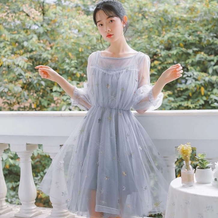 Đầm Ulzzang tiểu thư đính sao phong cách Hàn Quốc - BÁN GIÁ SỈ
