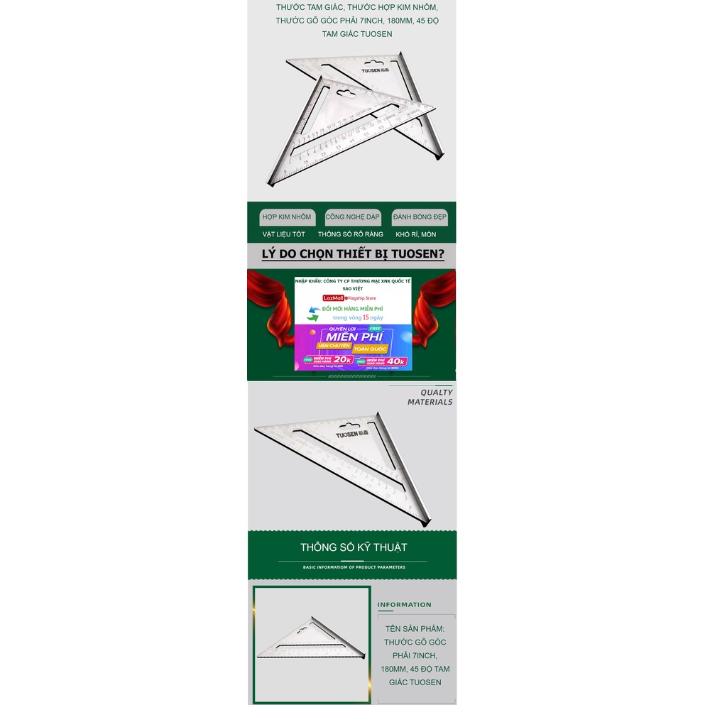 Thước tam giác, thước gỗ góc phải 7inch, 180mm, 45 độ hợp kim nhôm TUOSEN