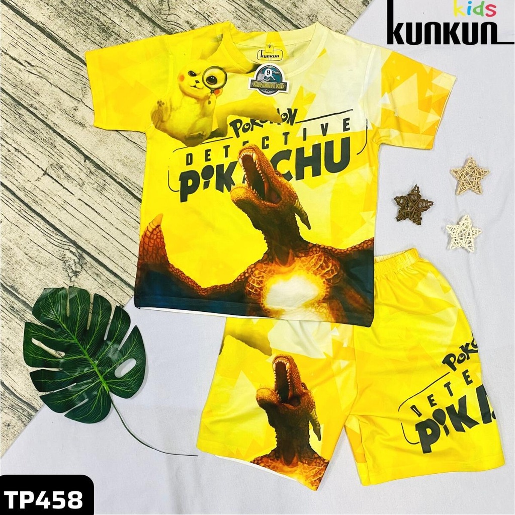 Quần áo trẻ em KUNKUN KID TP458 in 3D hình pikachu và rồng lửa thun lạnh - Bộ cộc tay bé trai size đại từ 10-60kg
