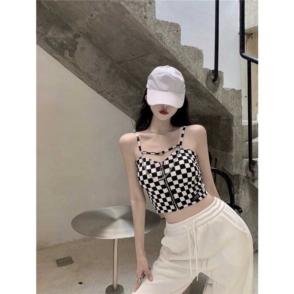 Jiashucheng Áo Yếm Ngắn Hai Dây Ôm Dáng Họa Tiết Kẻ Caro Phối Khóa Kéo Ngoài Dễ Phối Đồ Thời Trang Mùa Hè Cho Nữ Cha