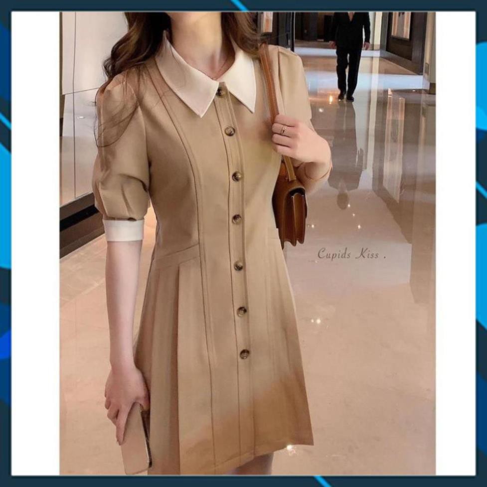 Váy Đầm Nữ Dáng Xòe Phối Cổ Trắng Ngắn Tay Gài Nút Trước Nắp Túi Mổ Xếp Ly Cách Điệu Form Dáng Chuẩn. .