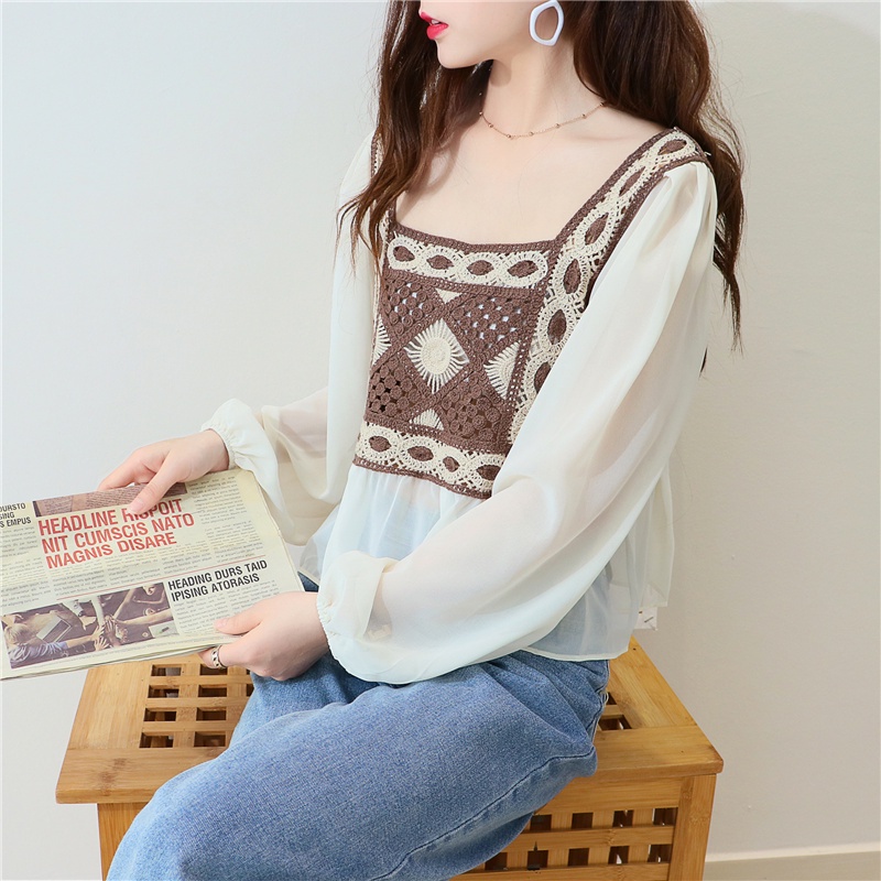 SUXI Áo Voan Tay Dài Cổ Vuông Phối Ren Xinh Xắn Thời Trang Cho Nữ