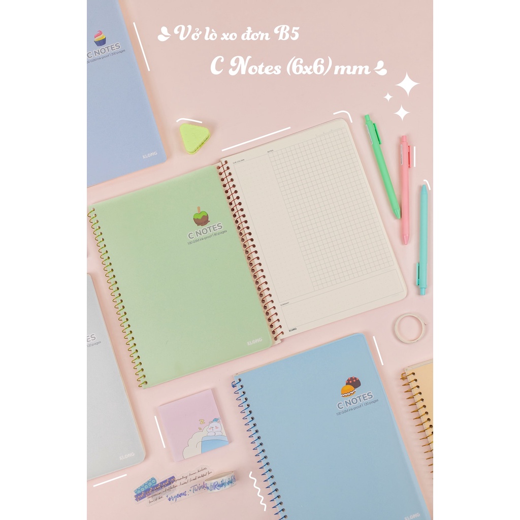 Vở note cornell Klong C Notes B5 80 trang lò xo đơn tích hợp dot và caro mm, tập sổ Klong MS 586- BÚT ĐẸP