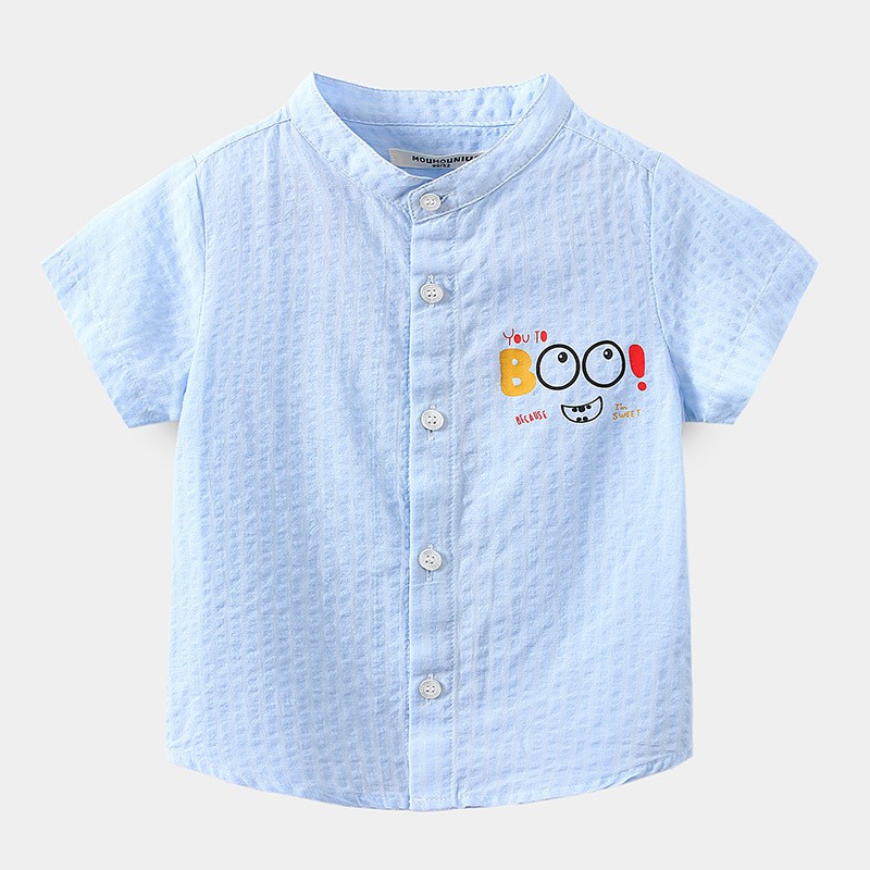 Áo sơ mi cổ tàu cho bé WELLKIDS áo sơ mi cộc tay họa tiết hoạt hình chất cotton hàng xuất Âu Mỹ