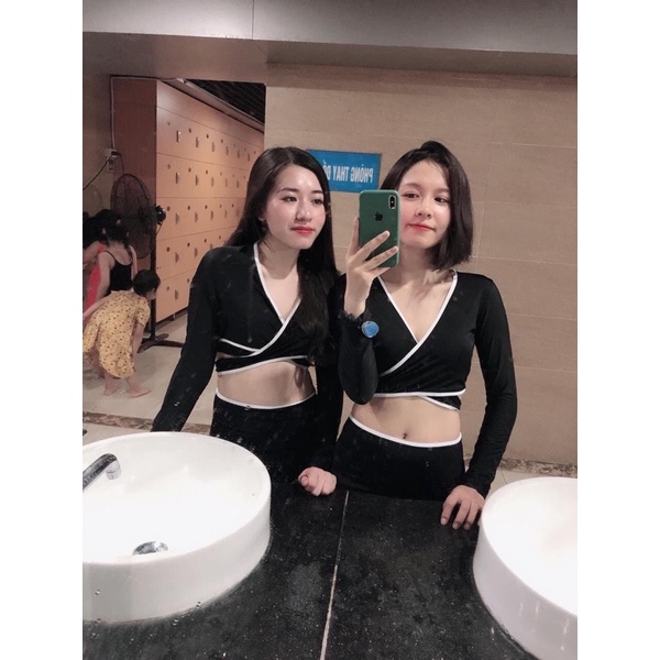 Bikini đồ bơi tay dài đen viền bo trắng hai mảnh siêu tôn dáng