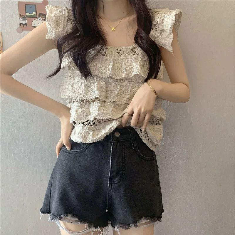 Áo Ren Cổ Vuông Hở Xương Quai Xanh Ôm Sát Quyến Rũ Thời Trang Hè Phong Cách Mới Cho Nữ