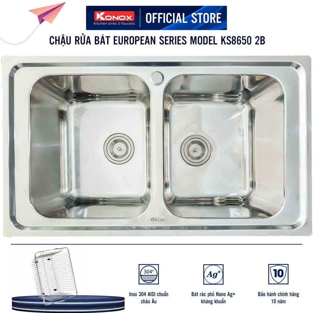 Chậu rửa bát KONOX European Premium KS8650 2B, inox 304AISI, full set gồm Siphon+Giá úp bát inox