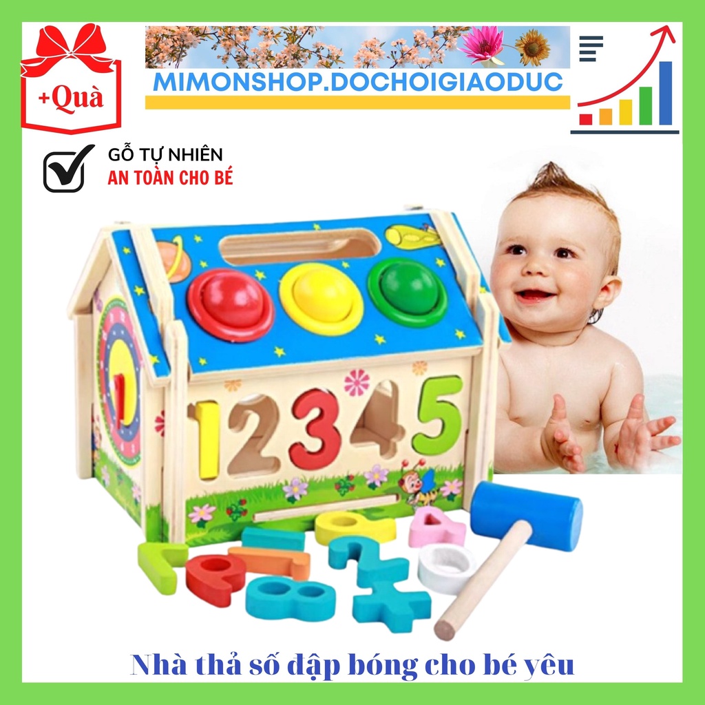 Đồ Chơi Gỗ Cho Bé Nhà Thả Số Đập Bóng Kèm Trò Chơi Bánh Răng Chuyển Động An Toàn cho trẻ 2 đến 6 tuổi MIMON