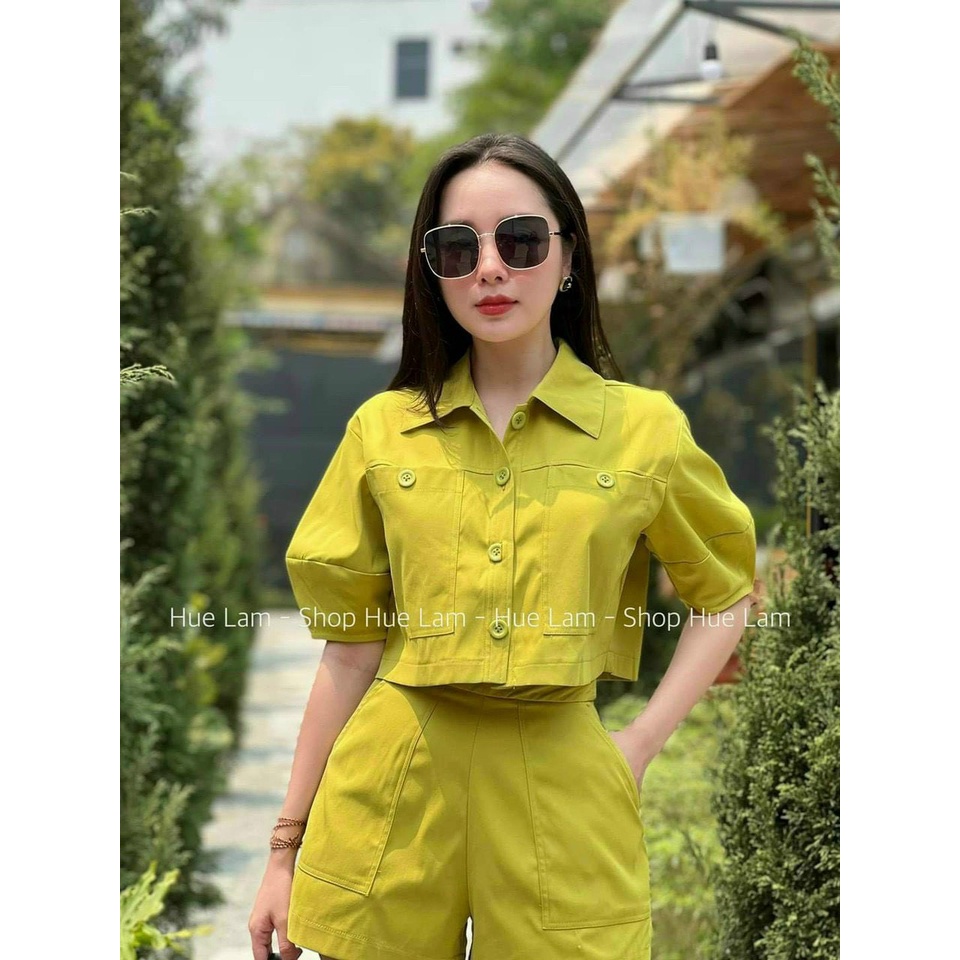 Sét bộ đồ nữ croptop áo tay ngắn cổ sơ mi kèm quần sang chảnh tôn dáng phù hợp dạo phố đi chơi