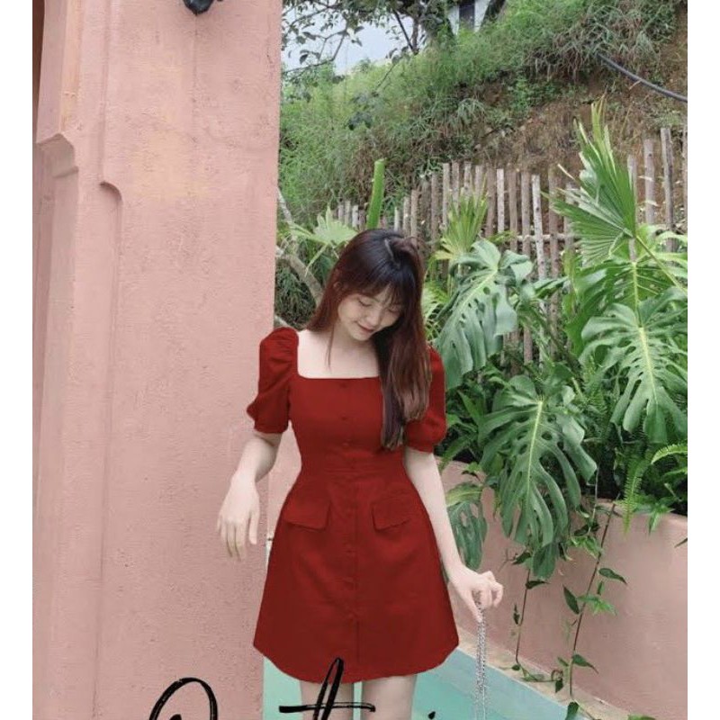 đầm basic 2 màu nút giả nơ cổ