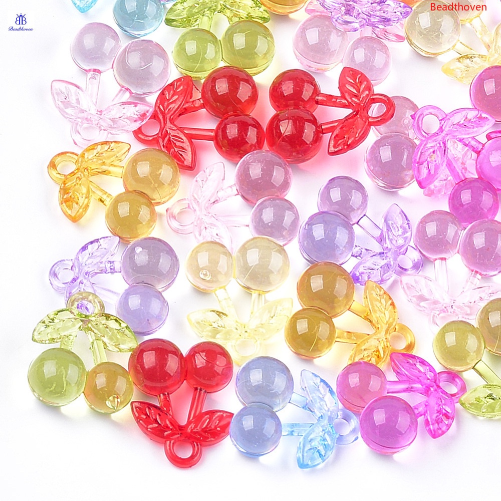 Bộ 20 Mặt Dây Chuyền Acrylic Hình Quả Cherry Nhiều Màu Cỡ 25.5x21x11.5mm 3.5mm
