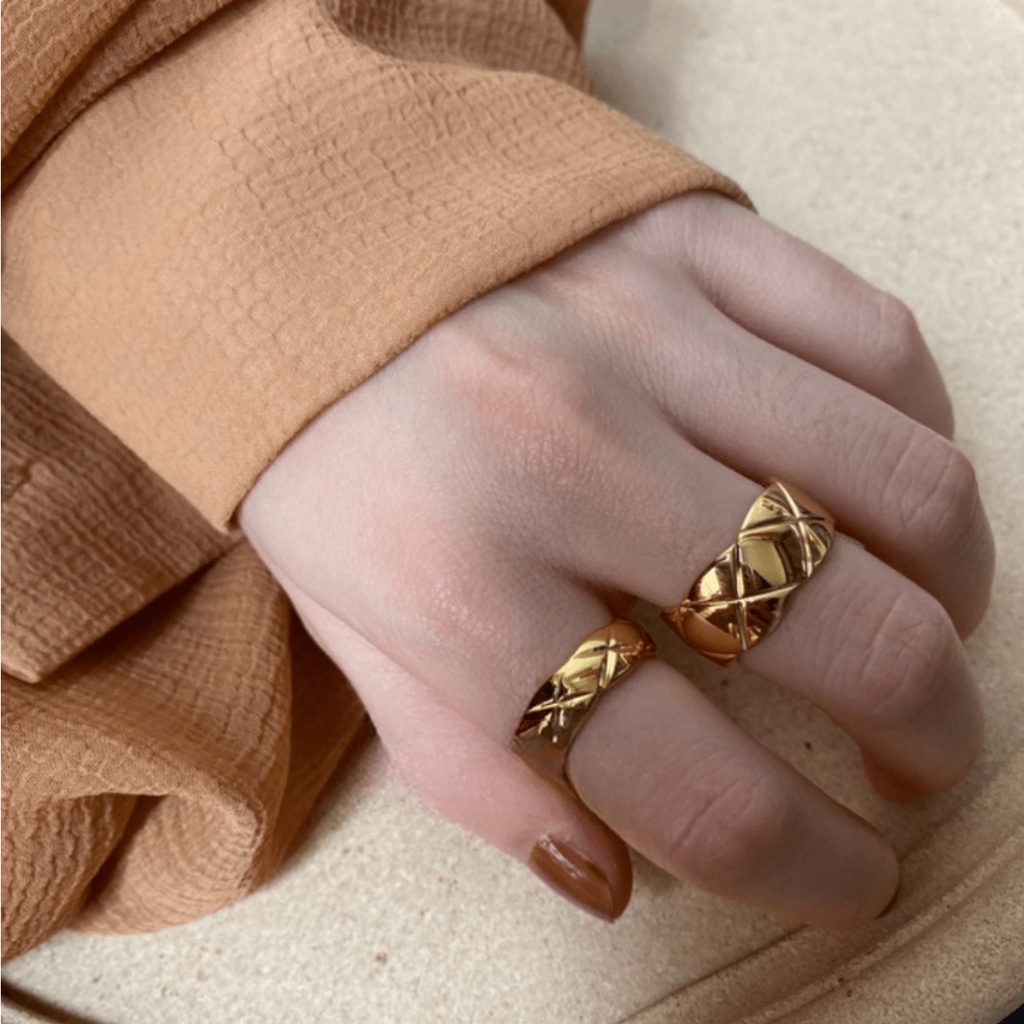 Nhẫn nữ mạ vàng 18k đẹp bản ngang mỏng dày phong cách Âu Mỹ cá tính Boho