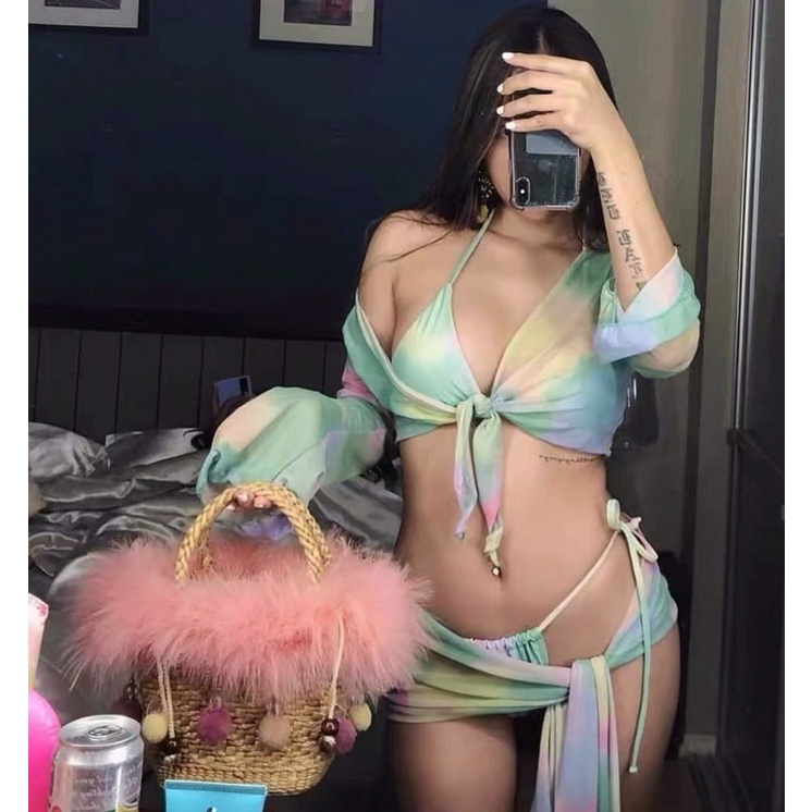 Bikini set 4 món tay dài hoạ tiết loang quyến rũ