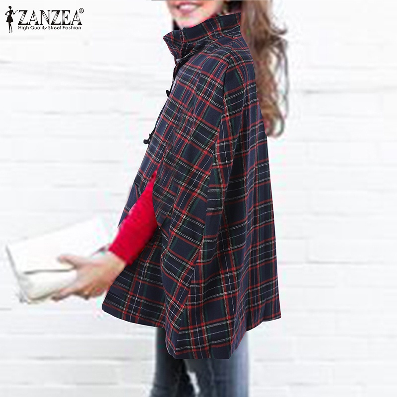 Áo choàng poncho ZANZEA cổ đứng không tay họa tiết caro dáng rộng thời trang dành cho nữ 
 | BigBuy360 - bigbuy360.vn