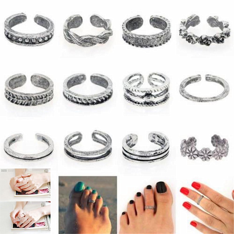 Bộ 12 nhẫn đeo ngón chân và tay bằng bạc cổ điển có thể điều chỉnh