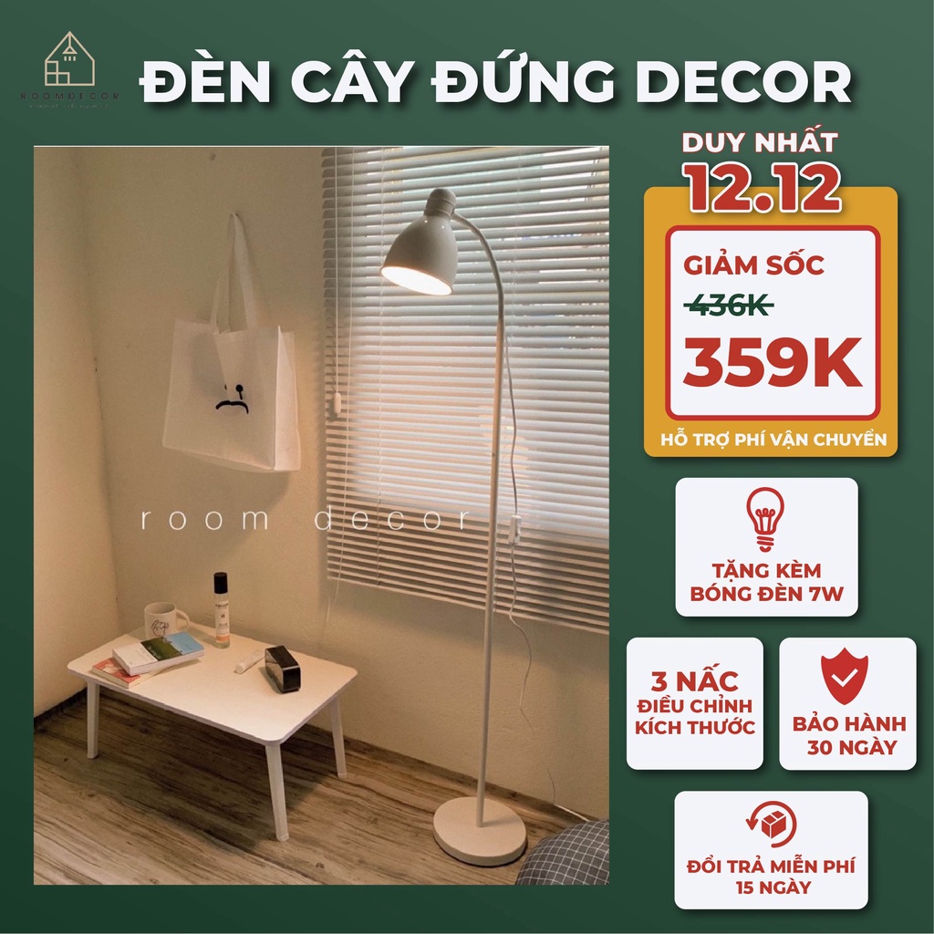 Đèn Cây Đứng Decor Phòng Ngủ Phòng Khách Phòng Làm Việc, Đèn Đọc Sách, 3 Nấc Điều Chỉnh Kích Thước, Tặng Kèm Bóng