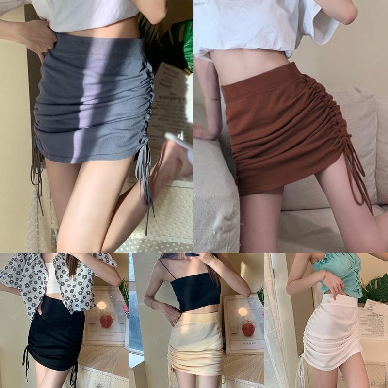 Chân Váy Dệt Kim Ngắn Lưng Cao Co Giãn Màu Sắc Trơn Phối Dây Rút Phong Cách Hàn Quốc Cho Nữ