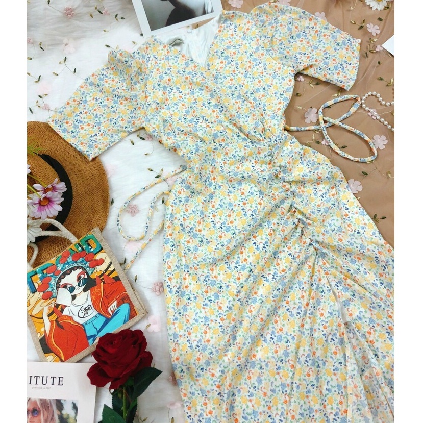 ĐẦM MAXI HOA ĐI BIỂN DÁNG DÀI XẺ TÀ NHÚN RÚT CÓ DÂY BUỘC EO