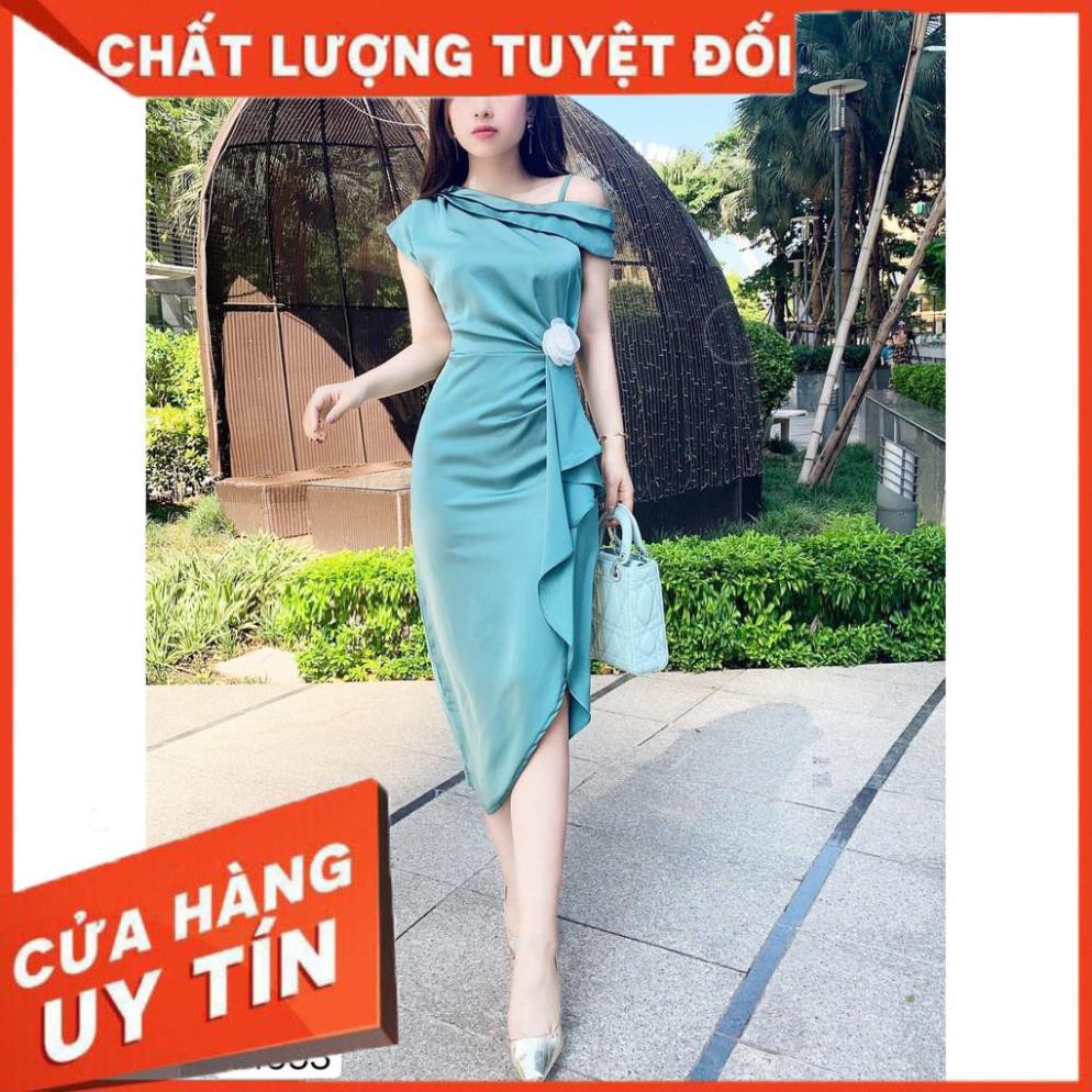 Đầm xanh lệch vai đính hoa eo cao cấp V1553_ Mie Design [Kèm ảnh thật]