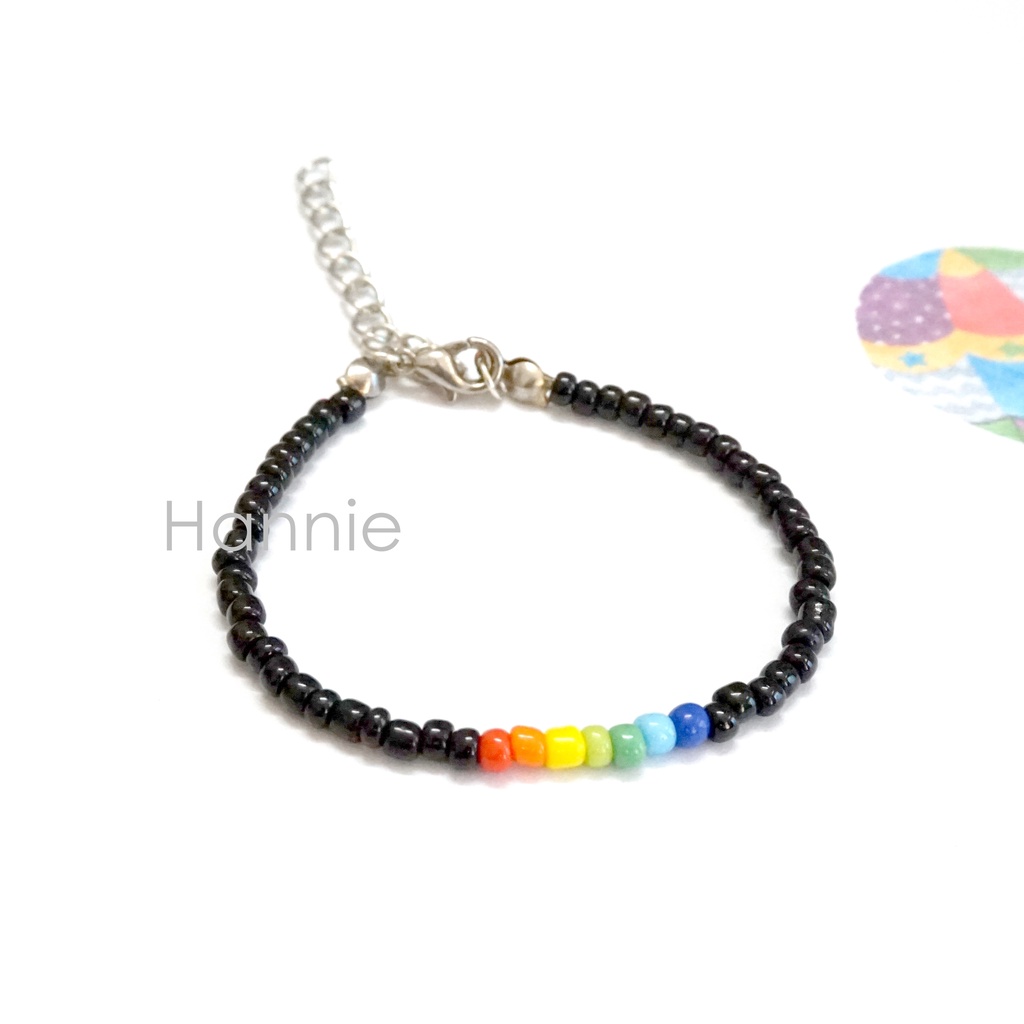 Set hạt cườm nhựa đen rainbow cầu vồng handmade - Combo vòng tay nhẫn dành cho nam nữ đơn giản