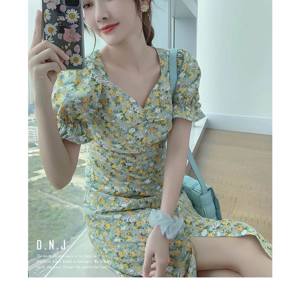 Đầm tay phồng váy đi biển đầm dài váy xẻ tà váy tiểu thư sang chảnh váy cổ v váy hoa nhí vintage đầm bigsize nữ váy nữ xinh váy đi chơi đầm đi tiệc đầm nữ