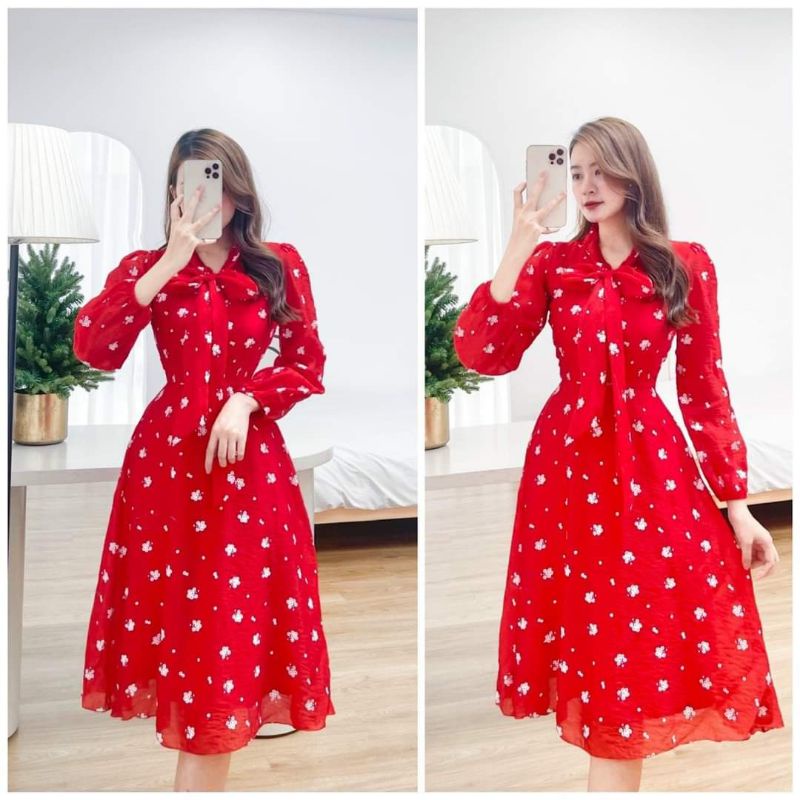 ĐẦM MIDI HOA ĐỎ NƠ CỔ