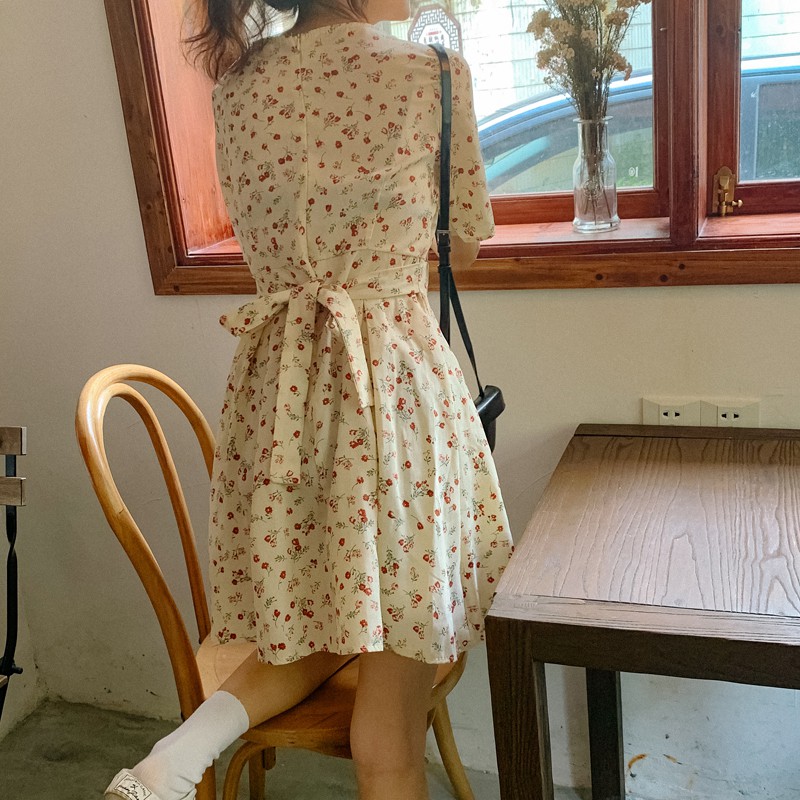 Đầm Ngắn Voan Hoa nhí Cổ tim Thắt eo Ngắn tay Dáng chữ A Ulzzang Hàn Quốc Đầm Voan Hoa nhí Ngắn Cổ V Thời trang | BigBuy360 - bigbuy360.vn