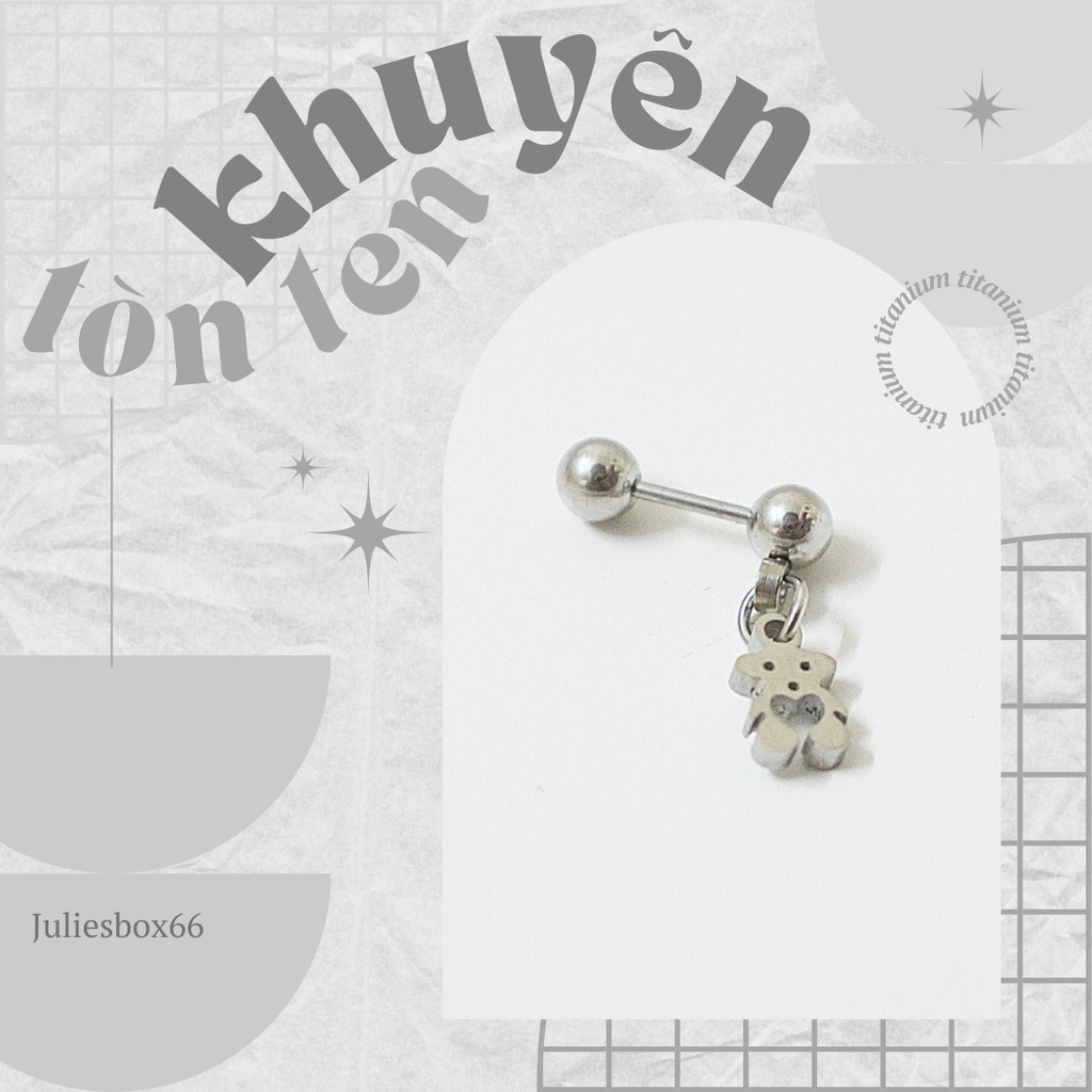 [1 Chiếc] Khuyên Tai Titan Unisex Có Charm Gấu Teddy Màu Bạc Đuôi Bi Không Gỉ Sét Không Ngứa Bông Tai Julies Box 66