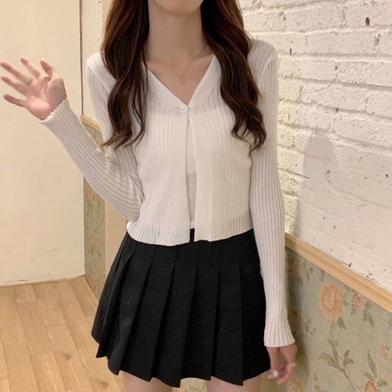 Áo Cardigan Dệt Kim Tay Dài Cổ Chữ V Phong Cách Hàn Quốc