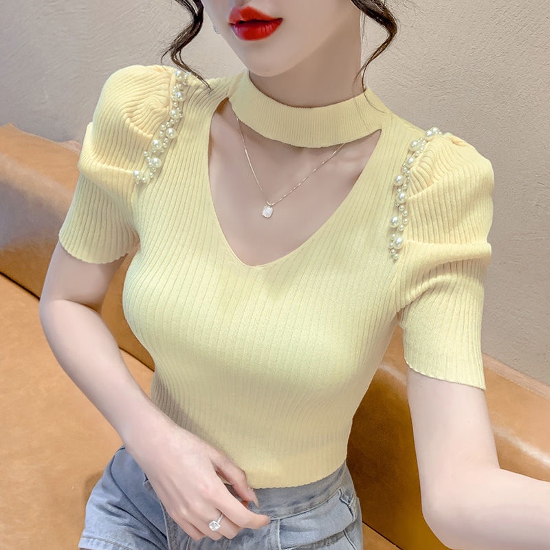 Áo Dệt Kim Cổ Chữ V Quyến Rũ Thời Trang Mùa Hè Cho Nữ