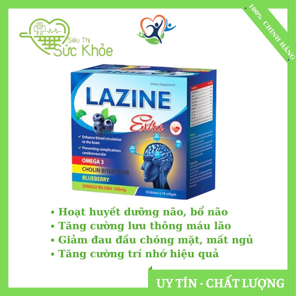 Lazine Extra viên uống bổ não giúp hoạt huyết dưỡng não giảm đau đầu chóng mặt tăng cường trí nhớ hỗ trợ giấc ngủ ngon