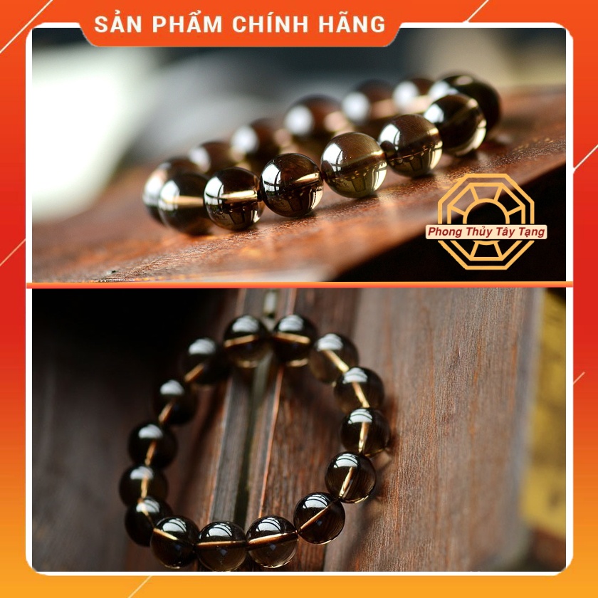 Vòng tay phong thủy màu Đen Khói may mắn bình an cho nam nữ mệnh Thủy Mộc tặng hộp gỗ cao cấp - Phong Thủy Tây Tạng