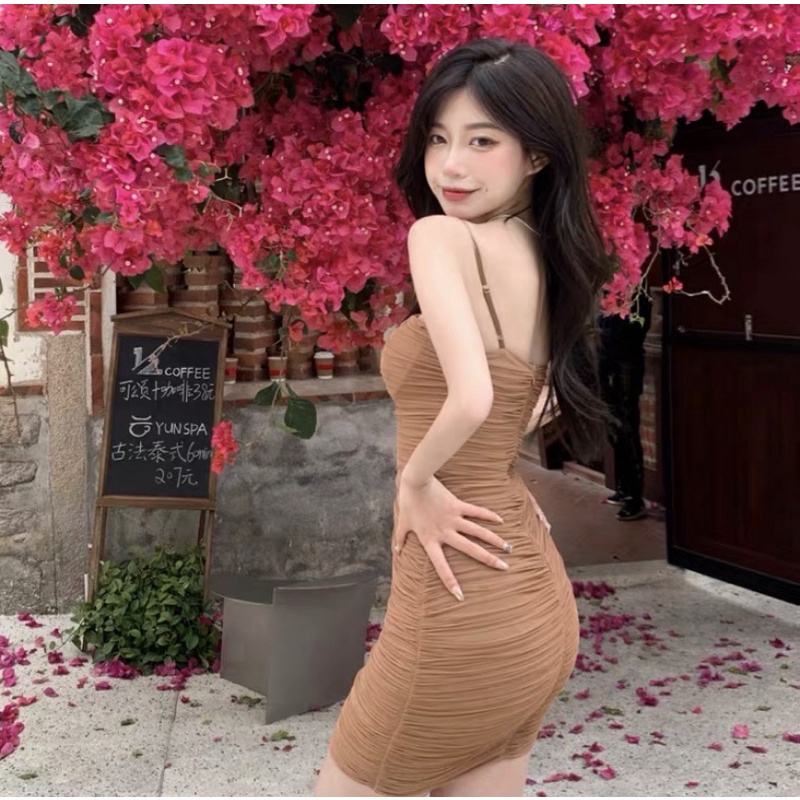 Đầm hai dây body lưới nhún sexy cho nữ