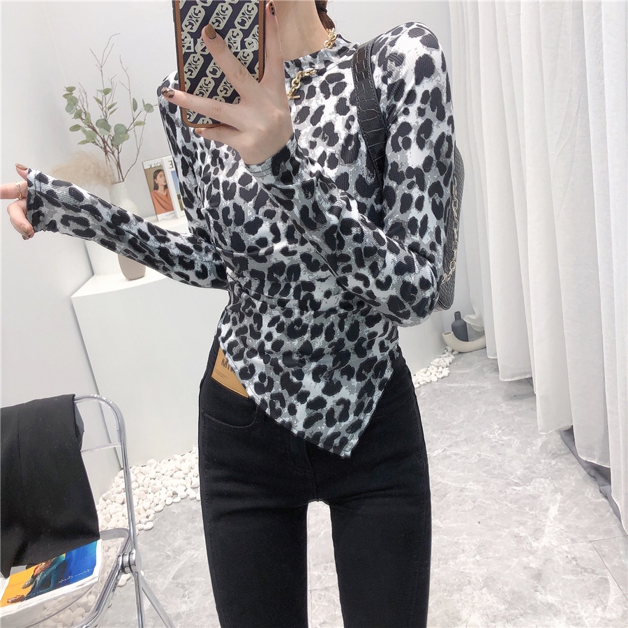 Áo thun tay dài họa tiết da báo thời trang mùa thu dễ phối đồ