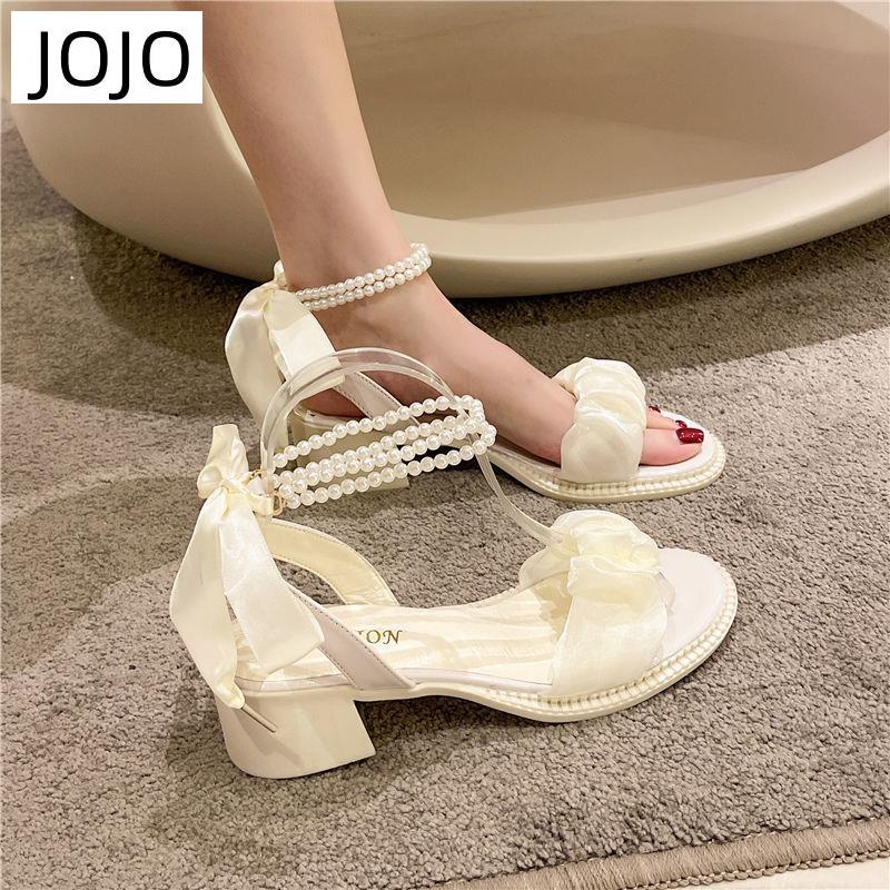 Giày Sandal Cao Gót Đế Dày Quai Nơ Đính Ngọc Trai Thời Trang Mùa Hè Dành Cho Nữ