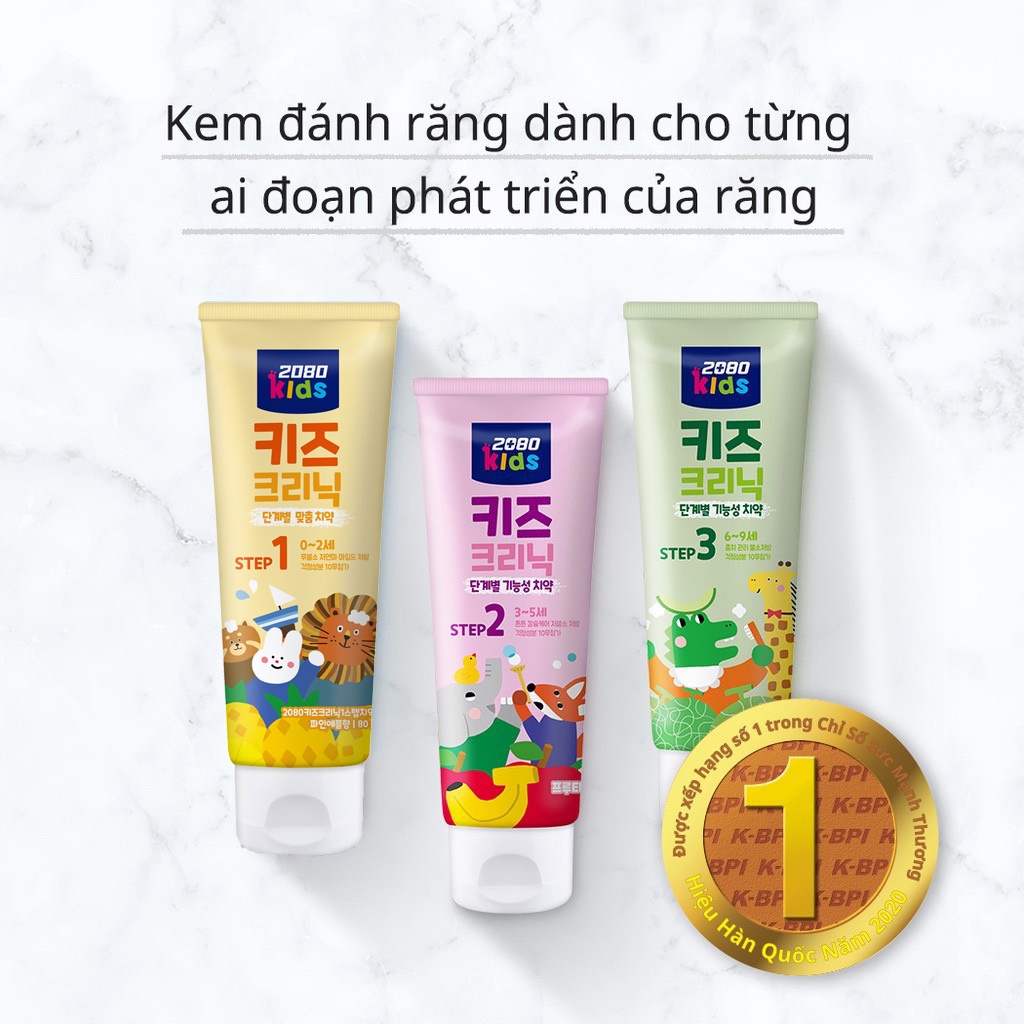 Kem đánh răng nuốt được cho bé 0-2 tuổi 2080 Kids Clinic bước 1 mùi dứa không florua, dịu nhẹ dạng bọt mềm