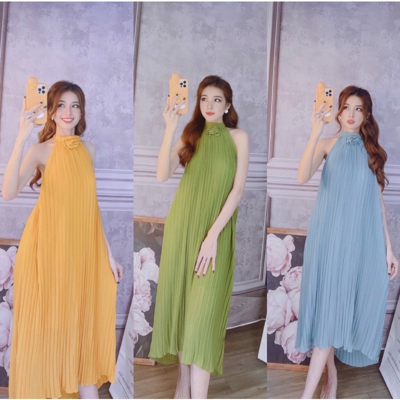Đầm maxi dập ly cổ yếm phối nơ nhỏ cực đẹp hình thật