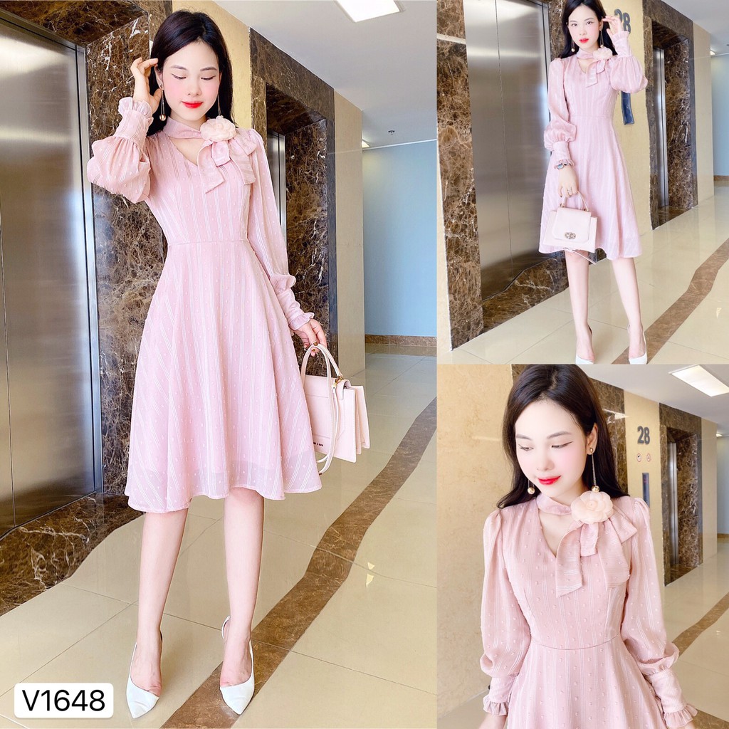 Váy hồng xòe cổ nơ V1648 - QUEEN SHOP DOLCE VIVA COLLECTION ( ảnh trải sàn do shop tự chụp)
