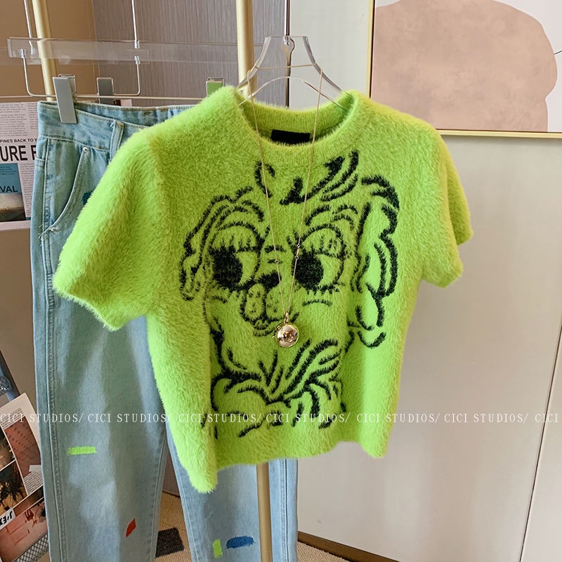 Áo Sweater Dệt Kim Tay Ngắn In Hoạt Hình Cún Kiểu Hàn Quốc Thời Trang Mùa Xuân Cho Nữ