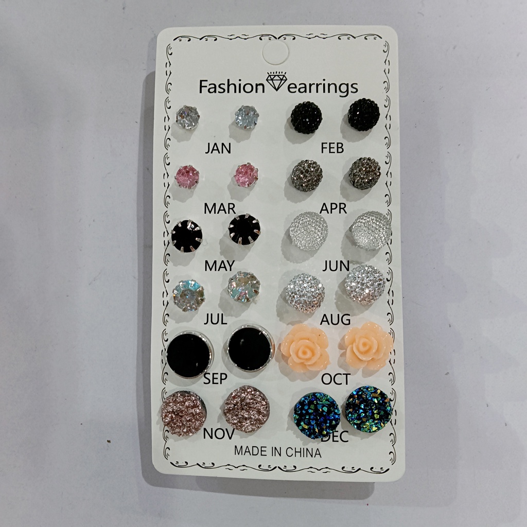 Set 12 đôi bông tai đính đá hình hoa đơn giản cho nữ