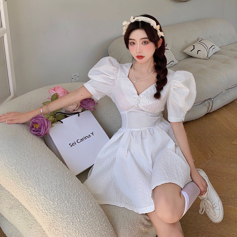 Đầm Tay Phồng Cổ Chữ V Chất Liệu Cotton Màu Trắng Thời Trang Mùa Hè Phong Cách Retro Kiểu Pháp Mới Cho Nữ