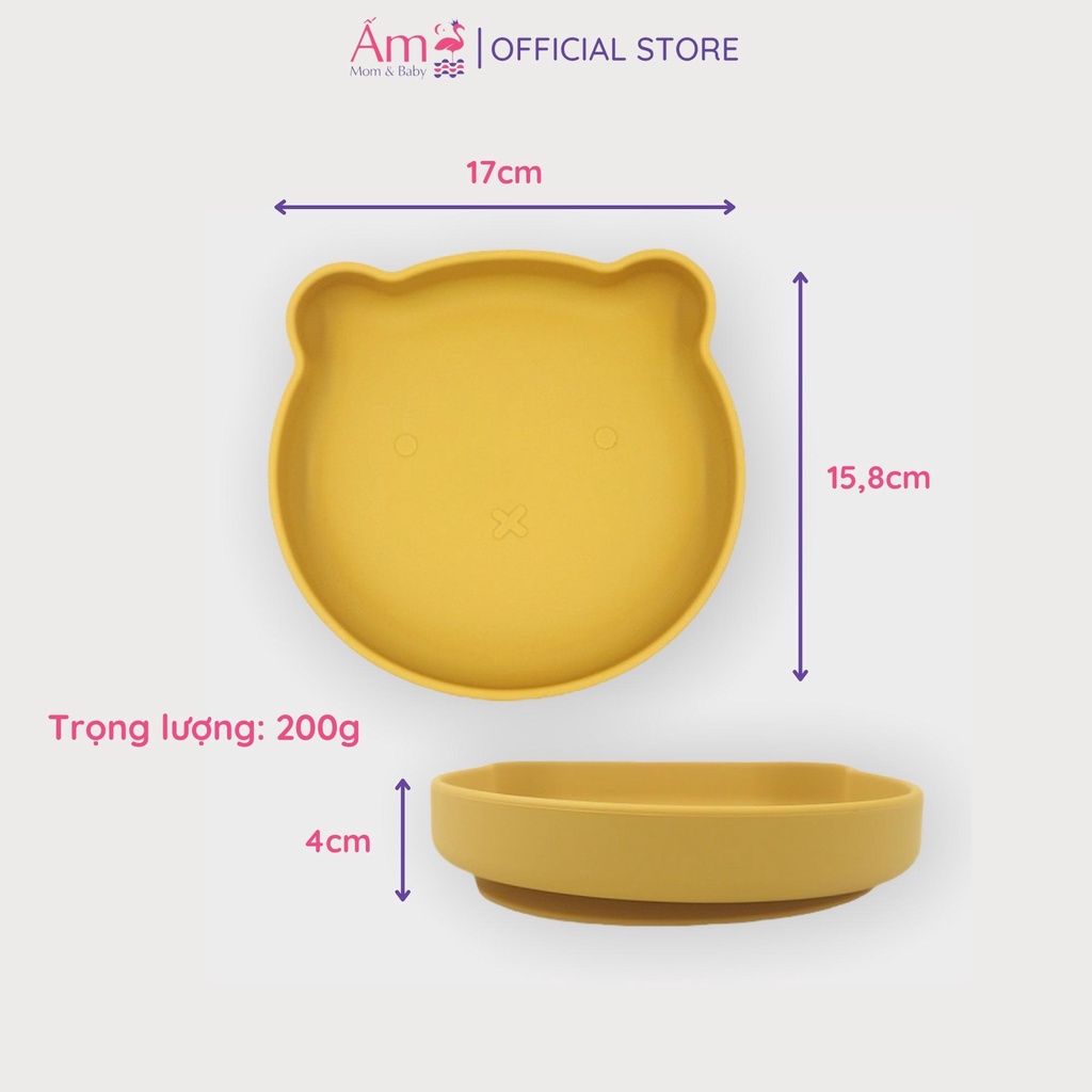Khay Ăn Dặm Silicon Cho Bé Hình Gấu Ấm Baby Có Đế Hít Chống Trượt Đổ SIêu Bền Màu Sắc Bắt Mắt Ấm Gift Decor