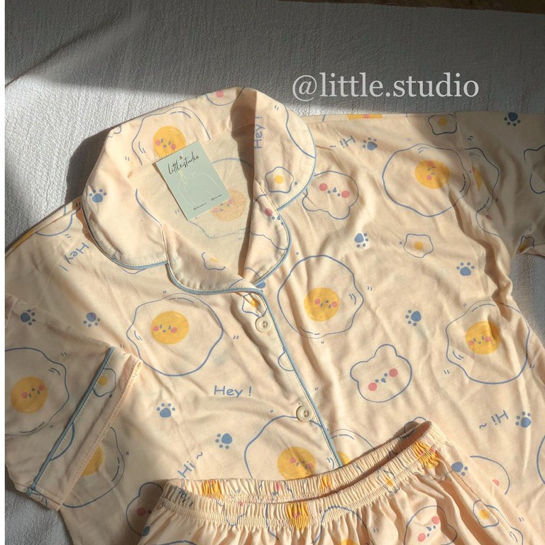Bộ pyjama mặc nhà họa tiết trứng rán dễ thương đơn giản chất thun mỏng nhẹ thoáng mát Hàn Quốc mùa hè | BigBuy360 - bigbuy360.vn