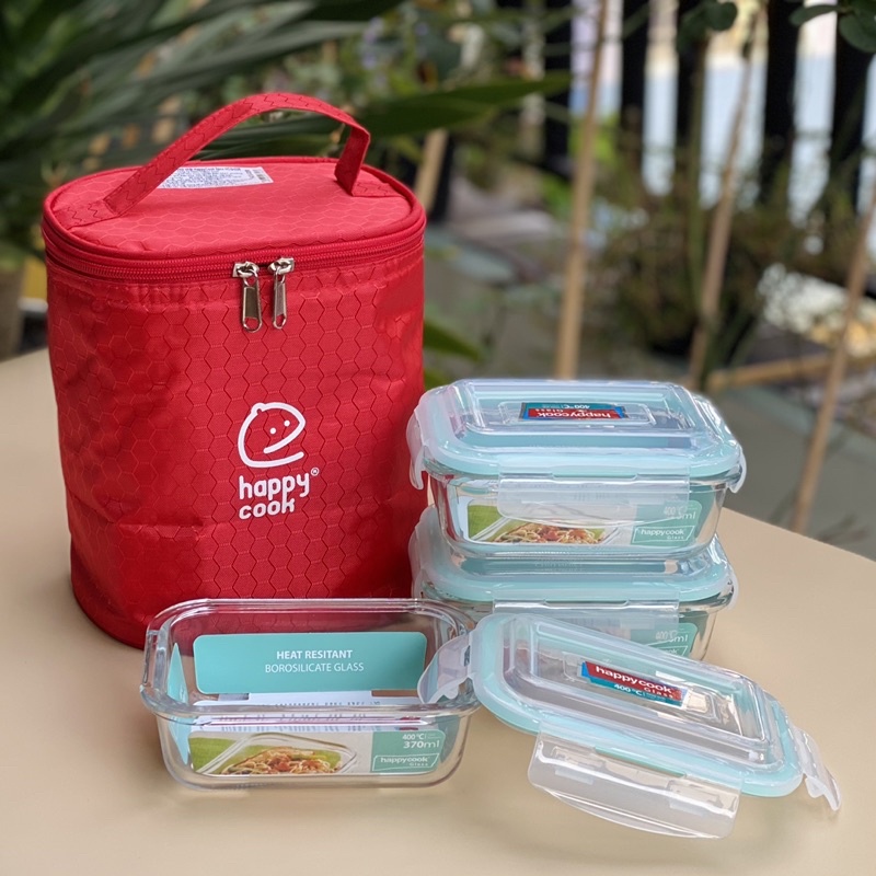 Bộ hộp đựng cơm văn phòng 370ml HappyCook chất liệu thủy tinh