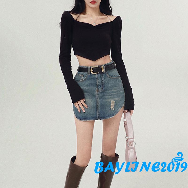 Bay-Women´s Crop Tops Chain Halter Shoulder Cutout Long Sleeve Irregular Hem Slim Fit Short Tops