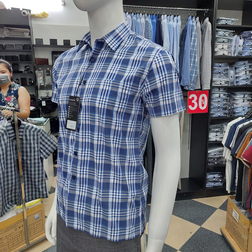 Áo Sơ Mi Nam Ngắn Tay Owen BA22554NT Sơ Mi Cộc Tay Công Sở Cao Cấp Màu Xanh Navy Kẻ Caro Vải Sợi Tre Body Fit Tà Bằng