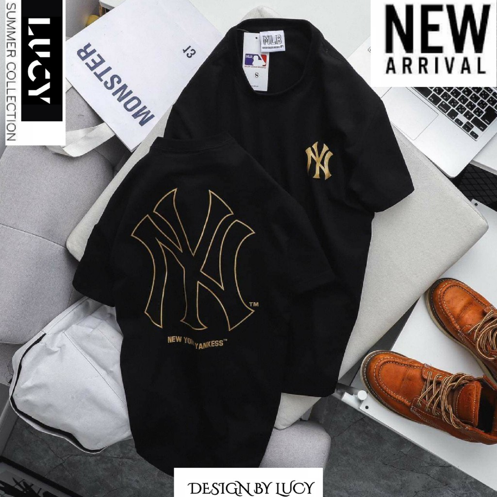 Áo thun tay lỡ Nữ Nam NY nhũ vàng Cotton 4 Chiều TATO