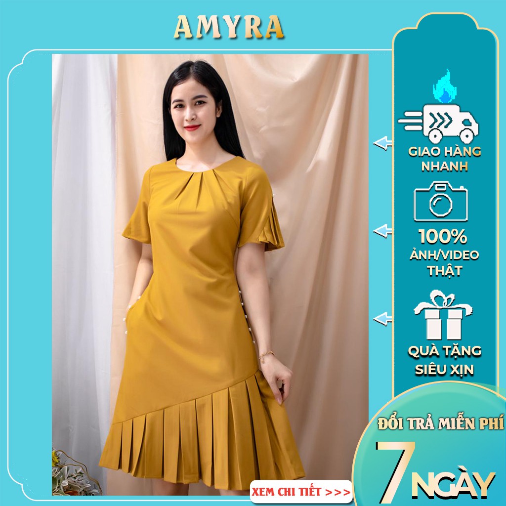 Đầm công sở cao cấp AMYRA xếp ly chất vải cotton lạnh mềm mại - đầm trung niên sang trọng da111