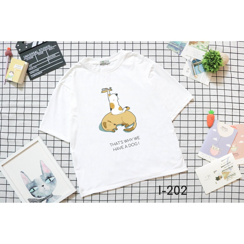 Áo Thun Nam Nữ Tay Lỡ Unisex Phông Trơn Oversize Form Rộng Basic Tee Hình con mèo ham ăn đè con chó